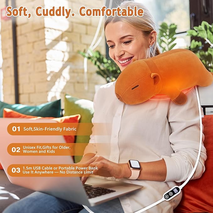 Electric Heating Pad for Cramps & Menstrual Pain Relief,14''Capybara Stuffed Animal Plush Heating Pad,USB Powered Portable Plush Heated Stuffed Animals for Neck/Back/Shoulder,Gift for Women Wife Girls