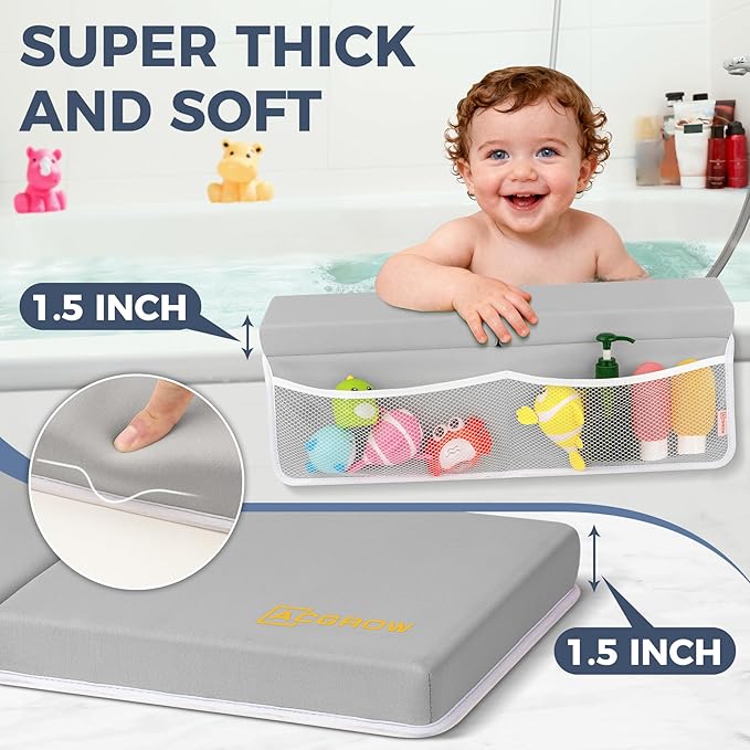 Bath Kneeler and Elbow Rest Pad Set - Comfortable 1.5” Thick Baby Bath Kneeler Pads with Toys Organizer, Non-Slip Knee Arm Support Bathtub Mat, Quick-Drying Kneeling Pad for Baby Bath Time