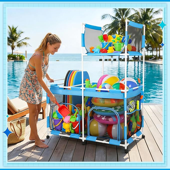 Briwooody 2-Tier Pool Float Storage Bin, 333 Gallon Large Rolling Pool Toy Organizer with Wheels, 67" H Outdoor Mesh Storage Cart with Zipper & Hooks for Floats, Noodles, Towels, Backyard, Patio