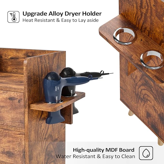 OmySalon 4 -Layer Salon Station Storage Cabinet, Beauty Barber Styling Stations, Hair Stylist Station Equipment with 2 Hair Dryer Holders, 4 Drawers and Raised Table Legs, Rustic Brown