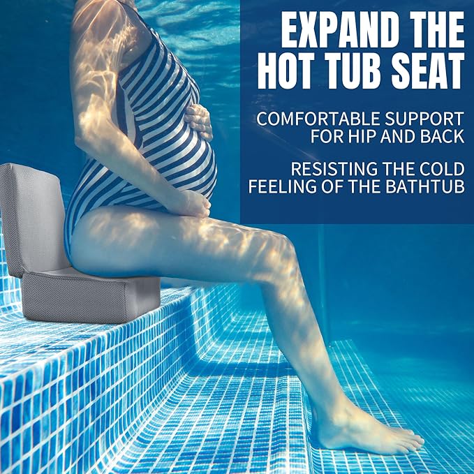 MABOZOO Foldable Hot Tub Booster Seat, Adjuatable 2 Heights Extra Thick Hot Tub Pillow Bath Seat with Back Support Cushions, Washable Hot Tub Seat Cushion for Indoor Outdoor (Gray)