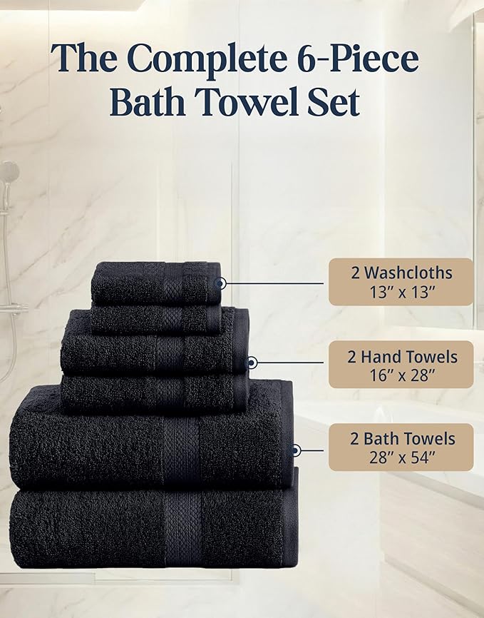LANE LINEN 100% Cotton Towel Set for Bathroom - 6 Piece - Super Soft, Hotel Quality - 2 Bath, 2 Wash cloths, 2 Hand Towels for Bathroom - Classic, Gentle on Skin, Ideal for Spa & Daily Use - Black