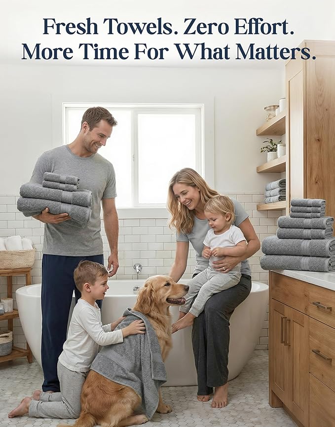 LANE LINEN Luxury 24 PCs Bath Towels Set - 100% Ring Spun Cotton Towels for Bathroom - Quick Dry, Soft & Absorbent, Perfect for Kids, Guest & Everyday Use - Oeko Tex Certified -Space Grey