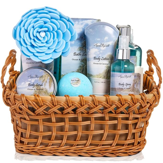 Aqua Elegante Spa Basket For Women - Deluxe Bath Set with Wash, Bubble Bath, Lotion, Salts, Body Scrub, Towel, Shower Puff, Bathbombs, Reusable Basket, Gifts for Mom, Wife, Her - Ocean & Coconut