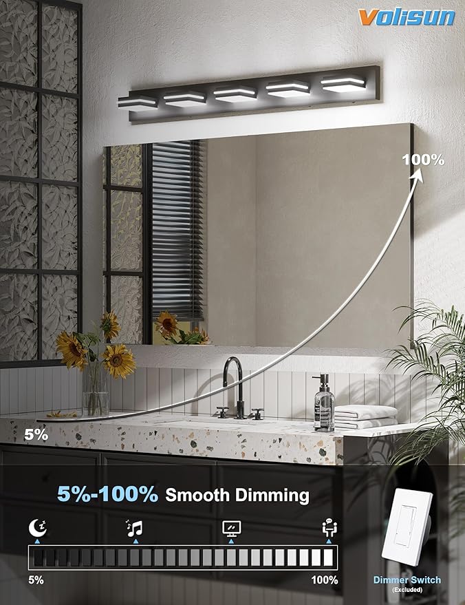 VOLISUN Modern 5-Light, 40-Inch Black Bathroom Vanity Light Fixtures Over Mirror, 5CCT Dimmable, Energy Efficient, ETL Certificated