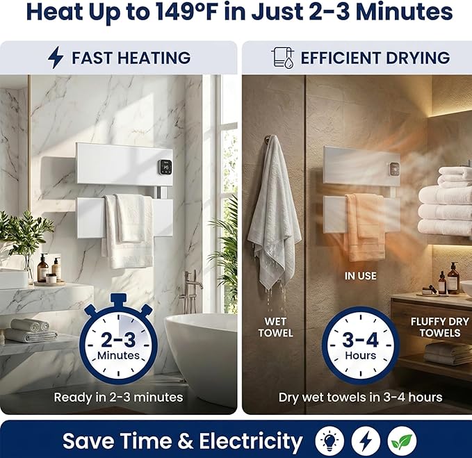 Electric Towel Warmer, Heated Towel Rack with Thermo Control and Timer, Fast Heating Towel Rail for Bathroom with Memroy Function, Work with Smart Plug, Right-Wiring, 2 Panel, Silver