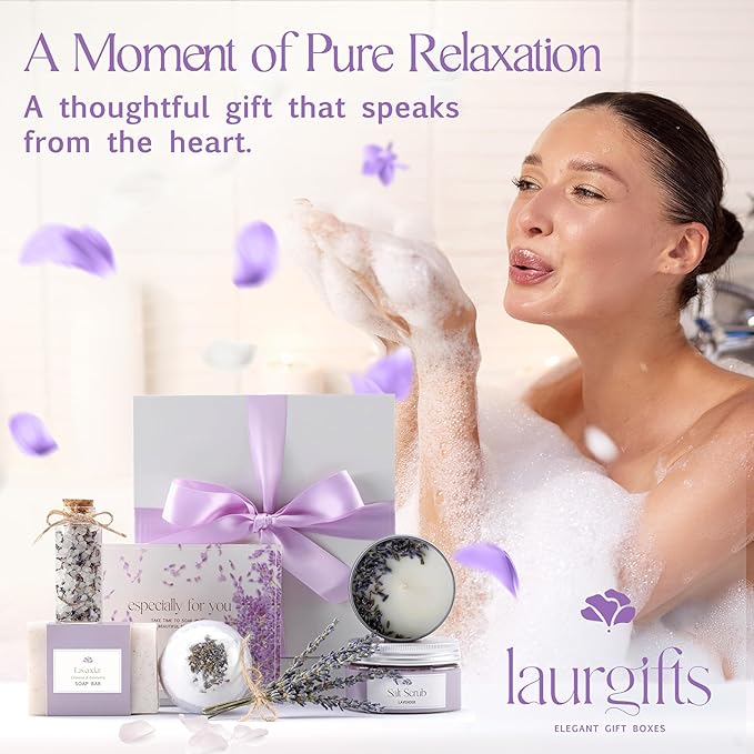 Mothers Day Gifts for Mom – Lavender Spa Gift Box, Small Candle Set with Bath Gifts, Relaxing Self Care Basket, Birthday Gift for Women