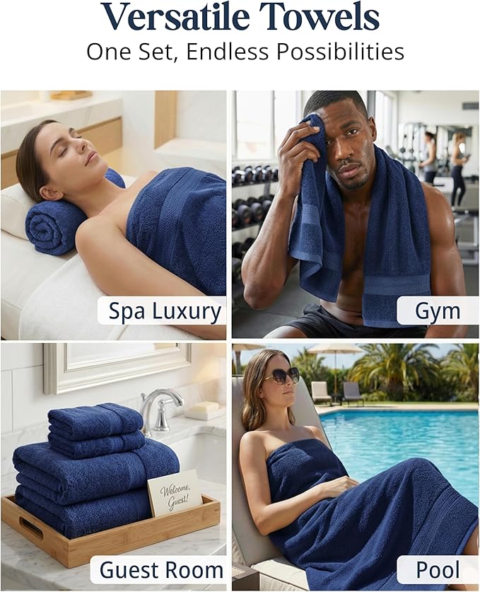 LANE LINEN 24 PCs Bath Towel Set - 2 Bath Sheets, 4 Bath Towels, 4 Fingertip, 8 Washcloths, 6 Hand Towels - 100% Ring Spun Cotton - Highly Absorbent Towels for Bathroom, Gym, Hotel & Spa - Navy Blue