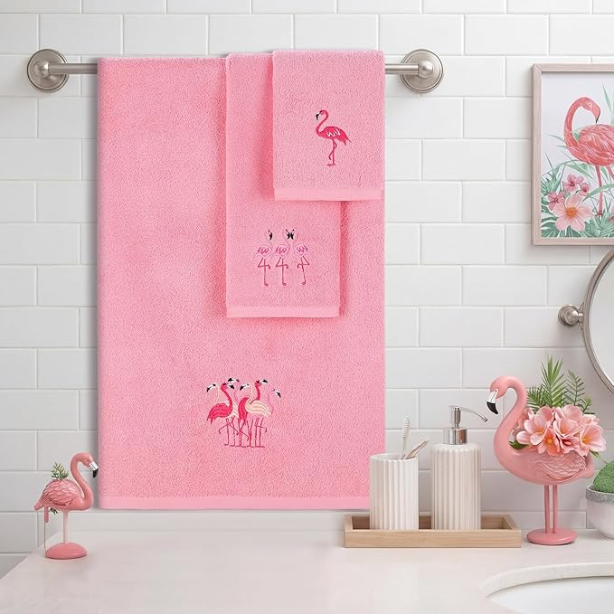 3 Pcs Flamingo Bathroom Towel Set Farmhouse Embroidered Flamingo Towels Vintage Decorative 100% Cotton Bath Towel Highly Absorbent Elegant Summer Decor Set for Bathroom