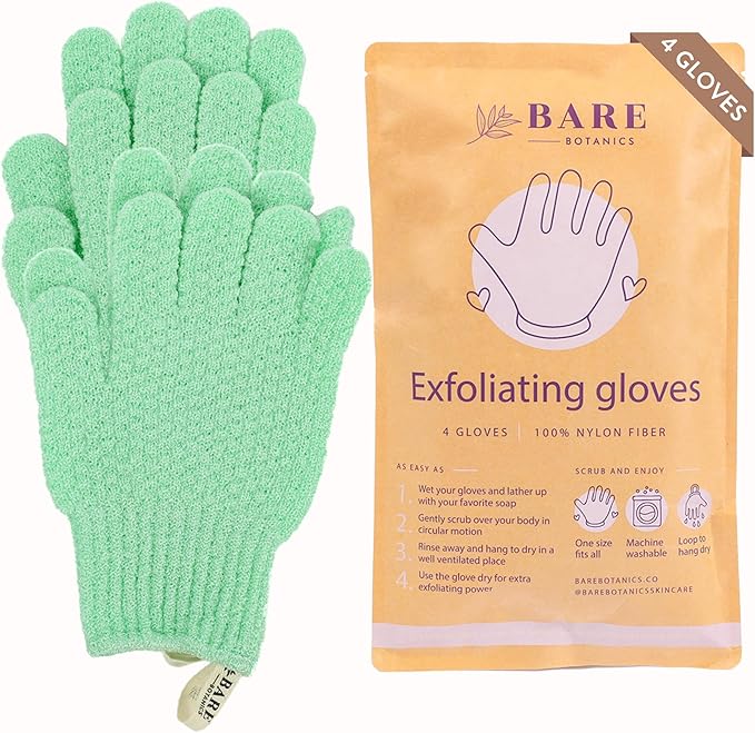 Bare Botanics 4 Pack Mint Exfoliating Shower Gloves - 100% Nylon Fibers for Gentle Exfoliation - for Both Wet or Dry Exfoliation - Machine Washable - Vegan & Cruelty-Free