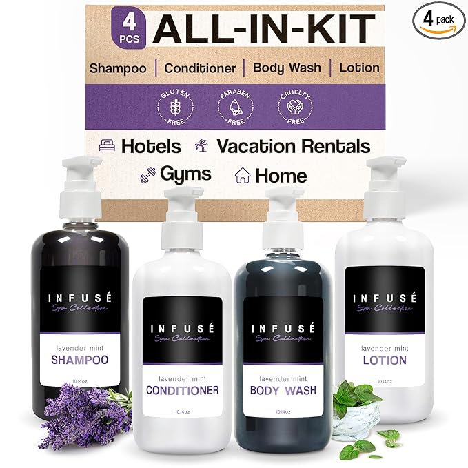 1-Shoppe Infuse Lavender Mint Spa Collection Amenities Set | 10.14 oz Pumps | Shampoo, Conditioner, Hand/Body Wash, Lotion