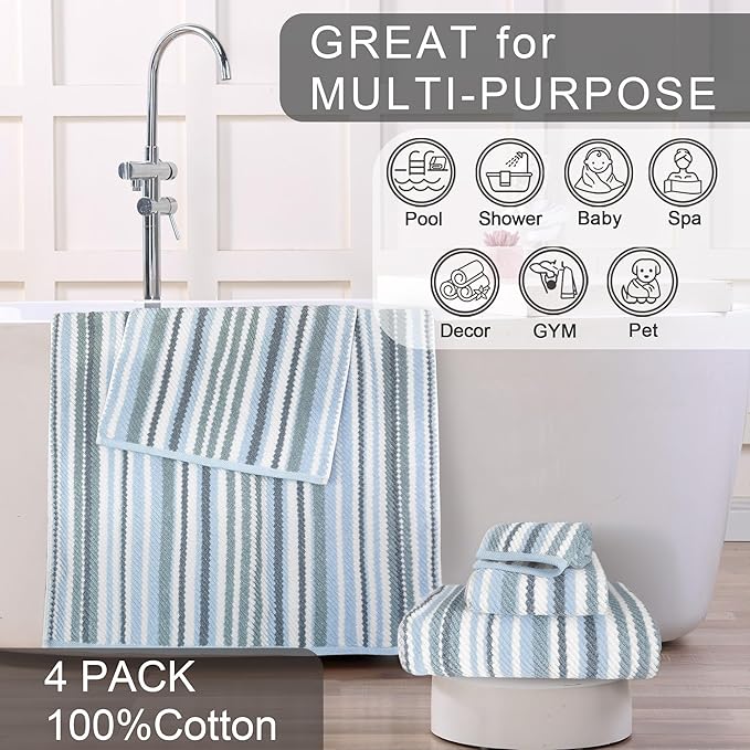 100% Cotton Blue Striped Hand Towels Set of 4, 16x27 Inches, Quick Dry & Highly Absorbent Soft Lightweight Towels for Bathroom, Shower, Guest Room, Luxury Blue & Gray Stripe Towel Gift Set
