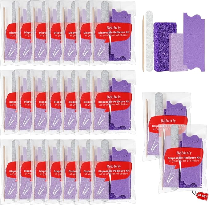 Disposable Pedicure Kit Sets, 5 in 1 Nail Salon Manicure Pedicure Kit Professional, Nail File, Pumice Pad, Mini Buffer, Toe Separator, Wood Stick, Individually Package (20, Count, 80/100 Grit)