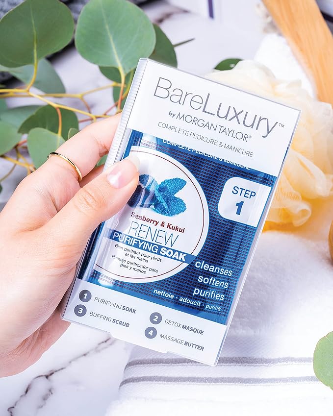 Morgan Taylor BareLuxury 4-Step Complete Pedicure & Manicure Packs - Complete Nail Care Kit with Soak, Masque, Scrub & Massage Butter, Professional Spa-Quality Treatments (Renew Seaberry & Kukui)