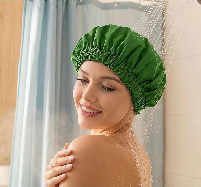 Reusable Shower Cap for Women, Large Waterproof Shower Bonnet with Elastic Band, Washable Bath Hair Cap for Long, Curly Hair, Braids, Daily Shower, Home Spa, Travel(Sage)