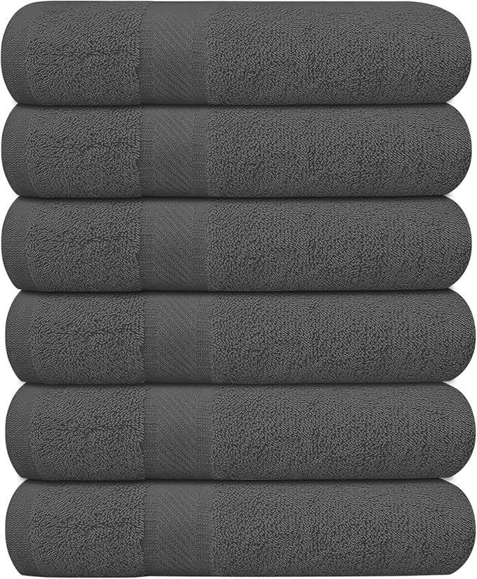 KAHAF COLLECTION 6 Pack Bath Towels Set (27 x 54 Inches) 100% Ring Spun Cotton, Lightweight, Quick Dry, Highly Absorbent Towels (Grey, (27x54) Inches)