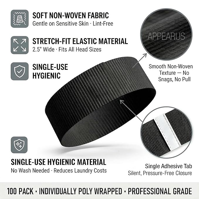 APPEARUS Disposable Stretch Facial Headbands, 100 Count, Snag-Free Adhesive Tab Closure, Spa, Estheticians, Waxing and Lash Extensions, Black