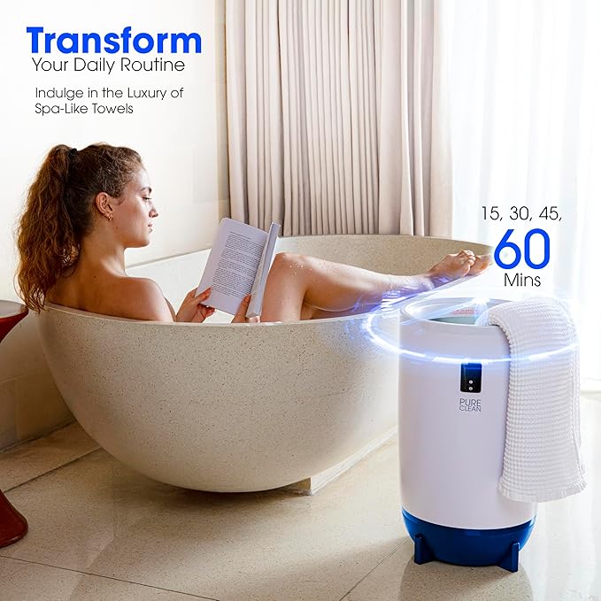 PureClean Towel Warmer Bucket, Portable Blanket Heater for Bathroom and Spa, Customizable Fragrance, Auto Shut-Off, Fits 2 Large Towels, Blankets and Bathrobes, LED Display, Adjustable Timer, Blue