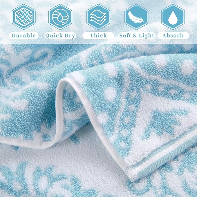 Cotton Wash Cloths for Showering (6PC, 13"x13") - Quick Dry | Thick | Absorbent, Soft Face Towels for Bathroom, Damask Jacquard Washcloth Set, Bathroom Decor & Home Essentials, Aqua and White