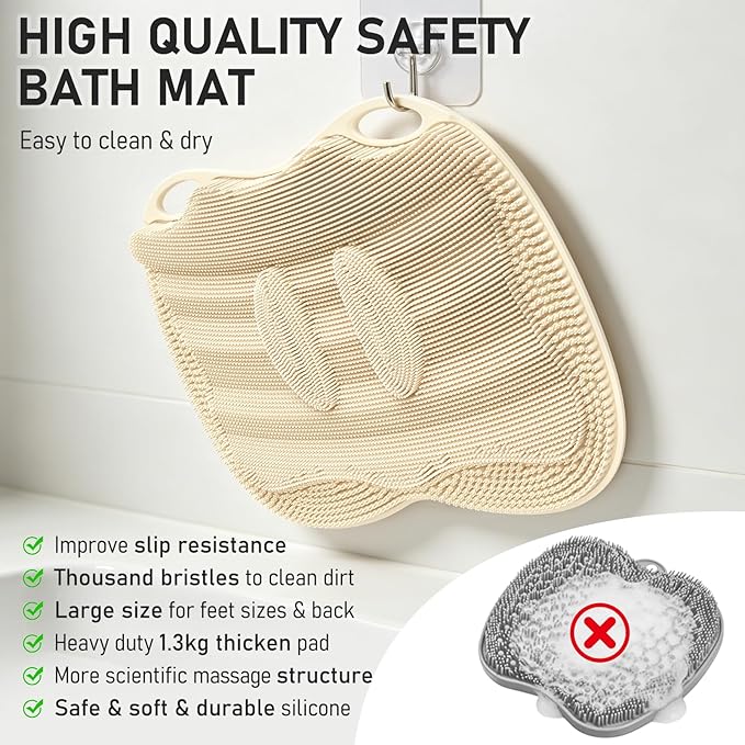 XL Shower Foot Scrubber Mat, Silicone Feet Massage Scrubber in Shower Clean Foot Toes Pad without Bending Non-slip Suction Cups Blood Circulation Exfoliate Smooth Achy Relief 17.4*13.4" Beige