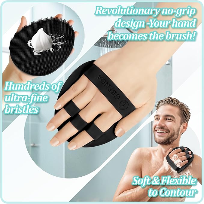 Upgrade Silicone Bath Glove with Straps, 360° Anti-Slip & Enlarged Exfoliating Body Scrubber for Rich Foaming Deep Cleaning, No-Grip & Hand-fit Shower Scrubber for All Skin Types(Blackx2)