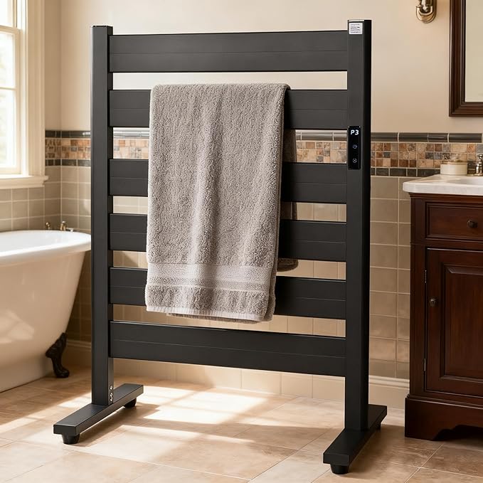 Heated Towel Racks for Bathroom, Towel Warmer Rack, 6-Bar, Upgraded Extra-Wide Heating Area, Built-in Timer and Temperature Adjustment, Large Free-Standing Heated Towel Rack，Matte Black