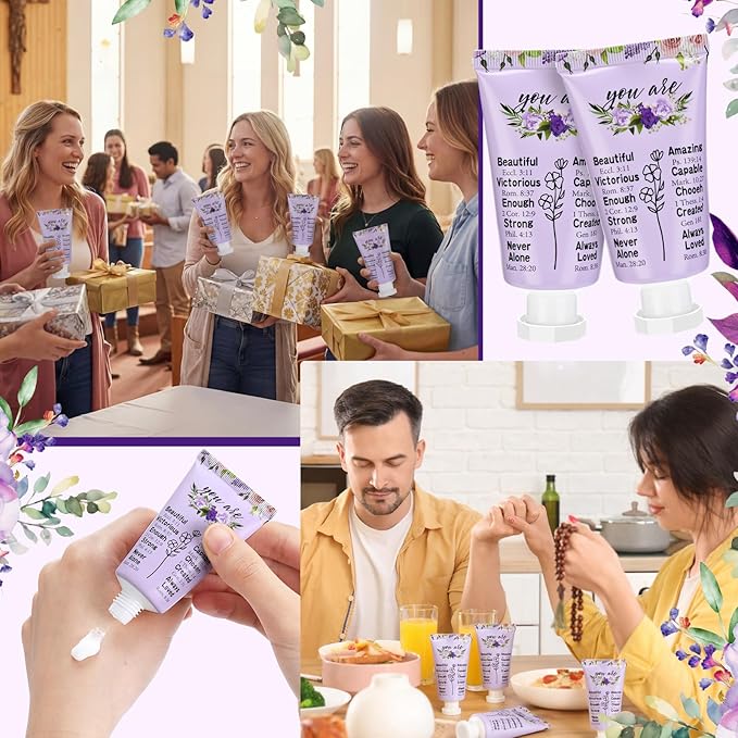 50 Pack Christian Hand Lotion Bulk Gifts for Women Mother's Day Gifts Bible Mini Travel Hand Lotion for Women Church Appreciation(Purple Flower)