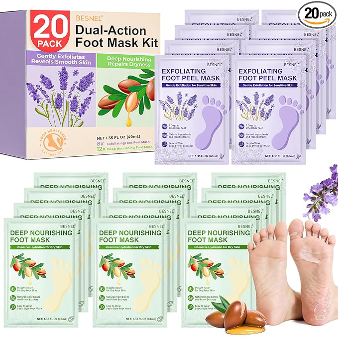 12Pack Moisturizing＆8Pack Foot Peeling Foot Mask, Hydrating Foot Masks Dry Cracked Feet,Soothing Moisturizer Repair Rough Heels＆Baby Soft Feet,Exfoliator Peel Calluses Dead Skin Callus Remover(20p)