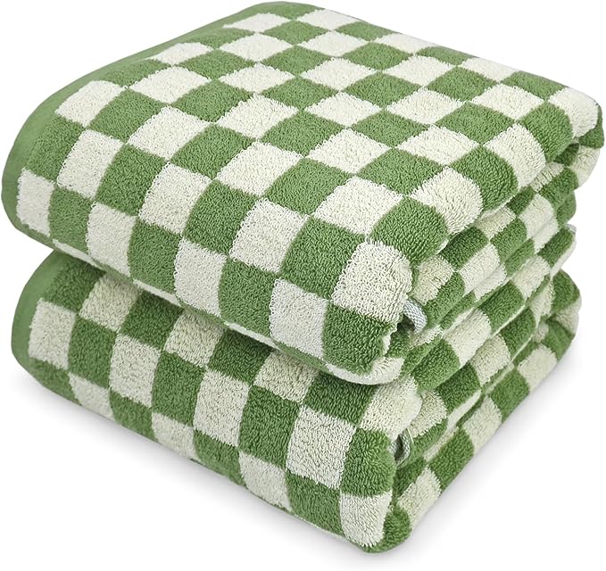 Jacquotha Bath Towels Set of 2 - Luxury Cotton Bathroom Shower Towels Body 55” x 27.5” Absorbent, Quick Dry, 520GSM, Green Checkered Bathroom Decor