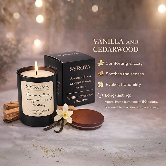 Vanilla & Cedarwood Candle, Luxury Scented Soy Candle 7oz, Cozy Sweet Fragrance for Home, Long Lasting Aromatherapy Candle, Gift for Women, Modern Jar Candle