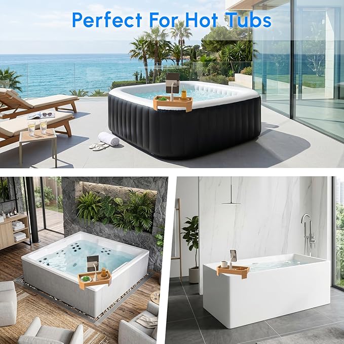Vespara Bamboo Hot Tub Tray Table with Adjustable Phone Holder, Non Slip Hot Tub Table Spa Gifts for Women, Bathtub Canddy Tray with Wine Glass Holder Tray for Luxury Bathtub& Bathroom Accessories
