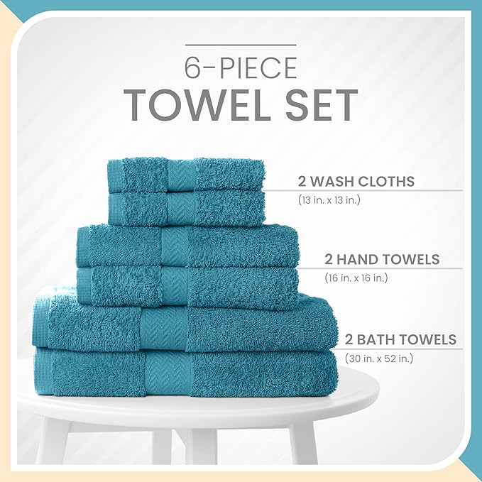 Martex 6-Piece Luxury 100% Cotton Towel Set | Quick Dry | Super Absorbent | Super Soft 100% Ringspun Cotton Towels | 2 Bath Towels | 2 Hand Towels | 2 Wash Cloths | Blue