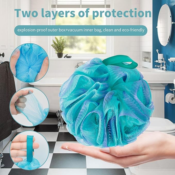 Carrie Joe Loofah Sponge Soft Mesh Shower Puffs for Body Wash Bath Sponge Body Scrubber for Women & Men Body Exfoliator-Bathing Accessories(60G L 4Pcs)