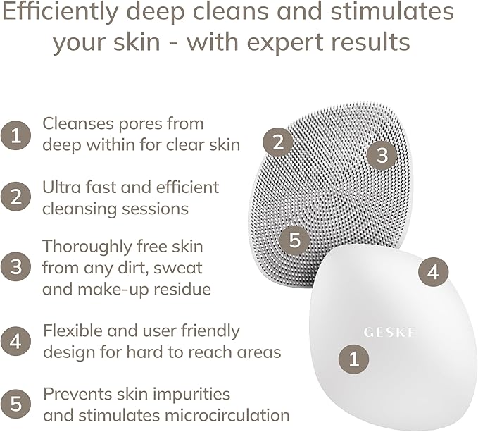 GESKE SmartAppGuided™ Facial Brush | 4 in 1 | Professional Facial Cleansing Brush | Skin Cleansing Silicone Facial Brush | Routine Skincare | Gentle Cleansing | Facial Cleanser