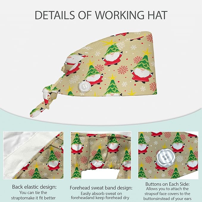 2 Pcs Working Cap with Sweatband for Women Men, Adjustable Cleaning Working Hats, Nurse Surgical Caps