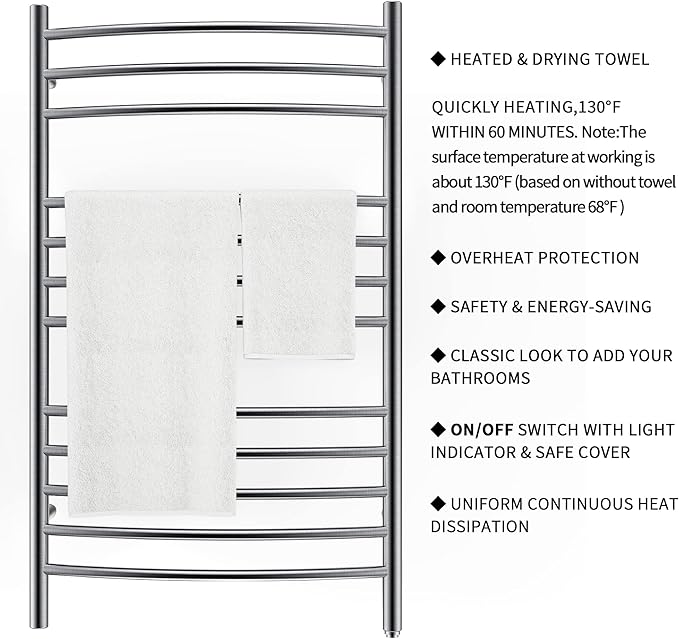 HEATGENE Towel Warmer Wall Mount Electric Plug-in/Hardwired Heated Towel Rack Brushed