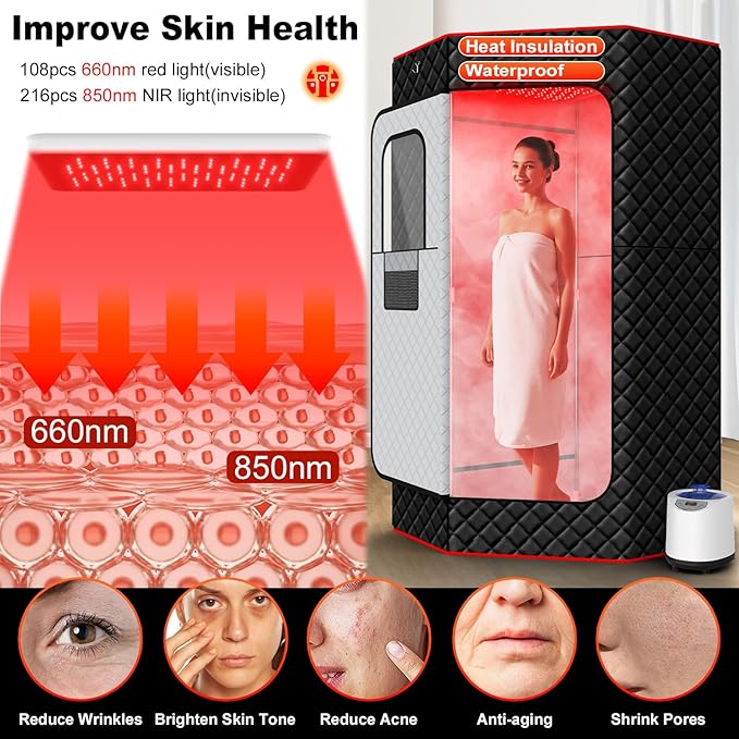 I-THERA-U XL Infrared Sauna Box with True 660 & 850nm Red Light Therapy Lamp, Portable Red Light Sauna for Home, Full Body Steam Tent with 3L 1200w Steamer, 15 Levels Heat, Chair, Remote