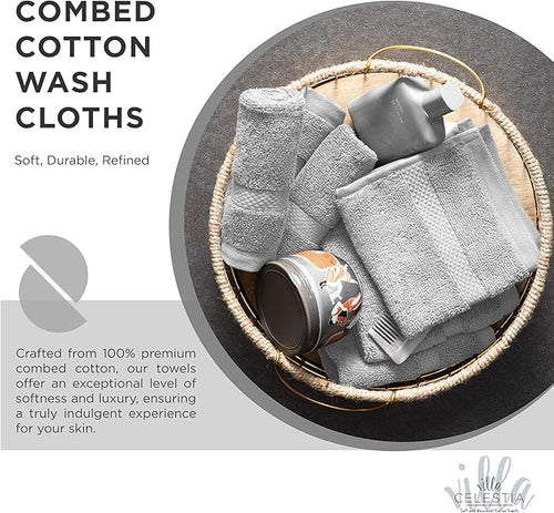 100% Cotton Wash Cloth for face & Body Set of 12, (12 x 12 inches) Sustainable, Soft, Highly Absorbent, Combed Cotton Wash Cloths Pack of 12 for Hotels, Spa, Bathroom, Dorm, Silver