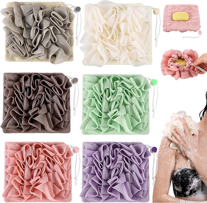 6 Pack Washcloth Loofah Combo 2 in 1 Drawstring Loofah Sponge with Bar Soap Pocket Exfoliation Mesh Shower Puff Ball for Body Wash Cleansing and Smooth Skin (Multicolor)