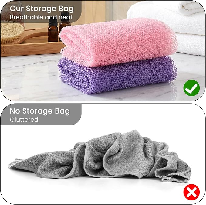 African Net Sponge 2Pcs Authentic Exfoliating Body Scrubber Long Net Bath Sponge Loofah Back Scrubber for Shower All Body Skin Nylon (Purple, Pink)