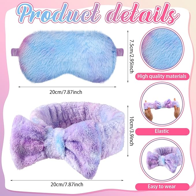 Xuhal 24 Pcs Spa Sleepover Party Favors Supplies Plush Headband and Eye Mask for Women Soft Makeup Washing Face Sleep Hair Bands for Girl Gift Birthday Stuff(Tie Dye)