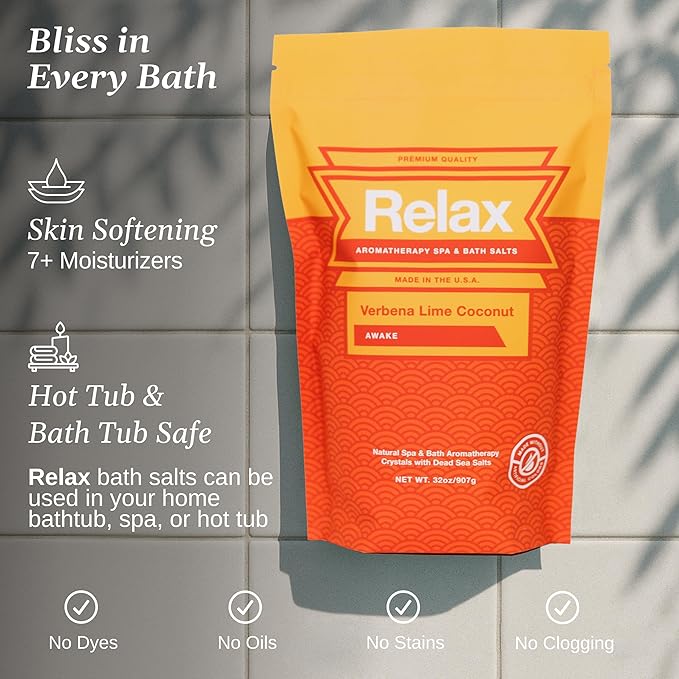 Relax Spa & Bath Aromatherapy Bath Salts for Hot Tub, Bath, or Spa, 2LB Bag Infused with Magnesium, Bath Salt for Soaking, Verbena Lime Scent
