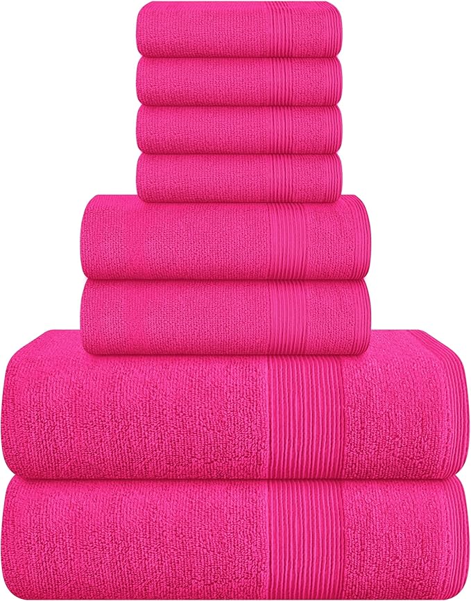 Belizzi Home 8 Piece Towel Set 100% Ring Spun Cotton, 2 Bath Towels 27x54, 2 Hand Towels 16x28 and 4 Washcloths 13x13 - Ultra Soft Highly Absorbent Machine Washable Hotel Spa Quality - Hot Pink