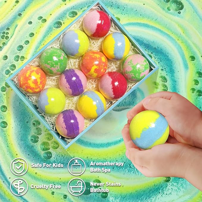 Bath Bombs for Kids with Surprise Inside, 12pcs Bath Bombs with Toys, Organic Colorful Bubble Bath Fizzy Ball, Easter Gifts Set for Kids, Birthday, Easter Basket Stuffers Gift for Boys Girls
