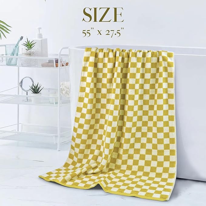 Jacquotha Luxury Bath Towels - Pack of 2 Cotton Fall Bathroom Towels Sets for Body Drying 55x27.5 Inches, Mustard Yellow Checkered