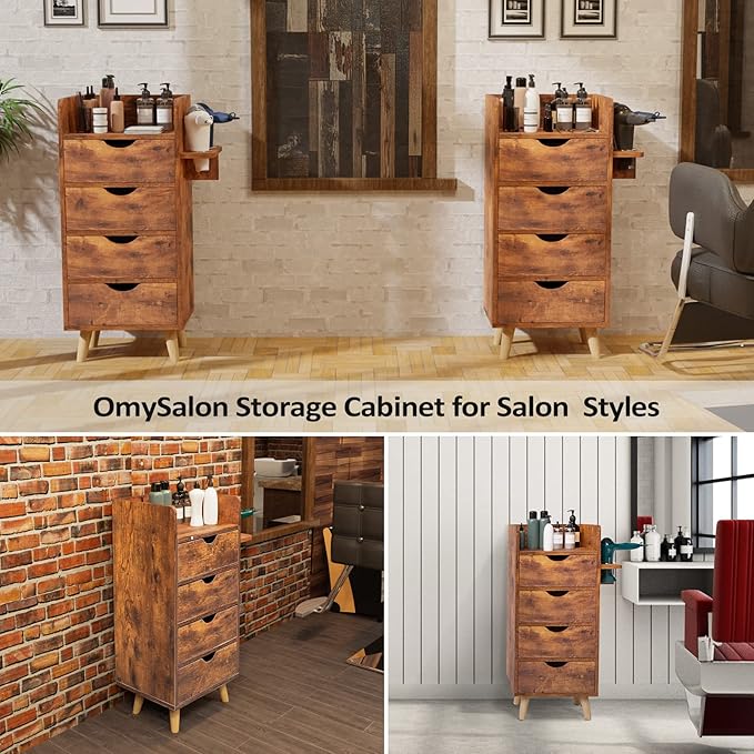 OmySalon 4 -Layer Salon Station Storage Cabinet, Beauty Barber Styling Stations, Hair Stylist Station Equipment with 2 Hair Dryer Holders, 4 Drawers and Raised Table Legs, Rustic Brown