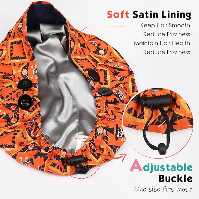 2 Pack Satin Lined Bouffant Scrub Caps with Buttons, Adjustable Scrub Caps for Women Men