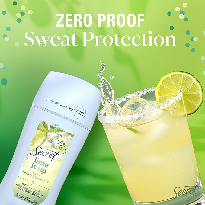 Secret Fresh Antiperspirant Deodorant for Women, 72hr Freshness on the Rocks with Pro-Hyaluronic Acid, Miami Mocktails Edition, Invisible Solid, Lime It Up with Lime & Bergamot Scent, 2.6 oz