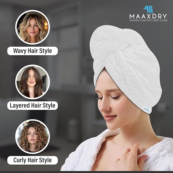 100% Cotton Hair Towel Wrap for Women, Men & Kids – Non-Microfiber 450 GSM Thick Super Absorbent Hair Towel 26x40 Inches, Secure Elastic Hair Wrap for Long & Curly Hair (White)