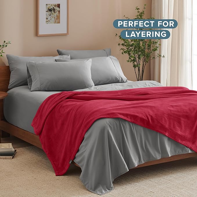 Bare Home Fleece Blanket - Full/Queen - Ultra-Soft Lightweight for Bed, Sofa, and Couch - Luxury Microplush - Cozy Warm Blanket (Full/Queen, Red)